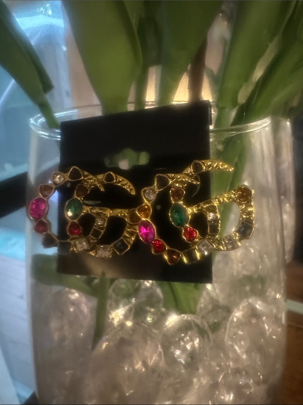 Fashion Gold-Tone Multicolor Crystal GG-Style Statement Earrings- Large